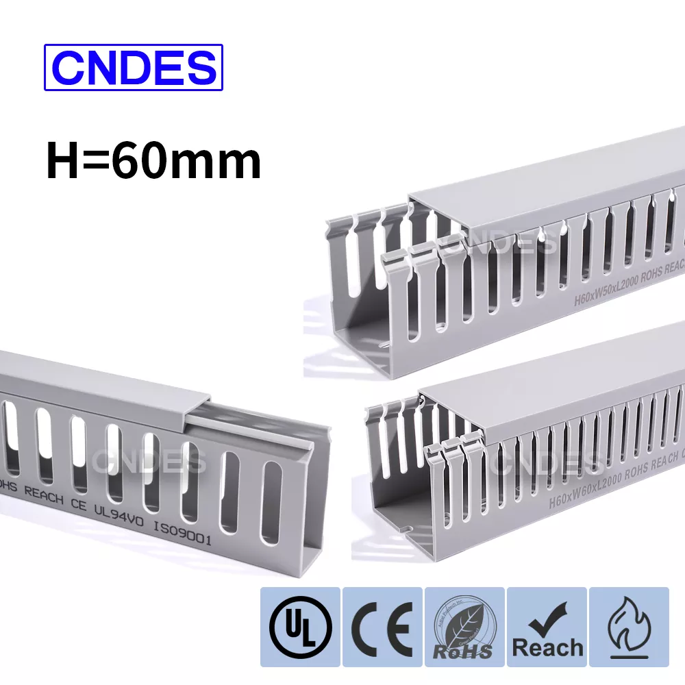 Szary, szczelinowy kanał kablowy z PVC o wysokości 60 mm